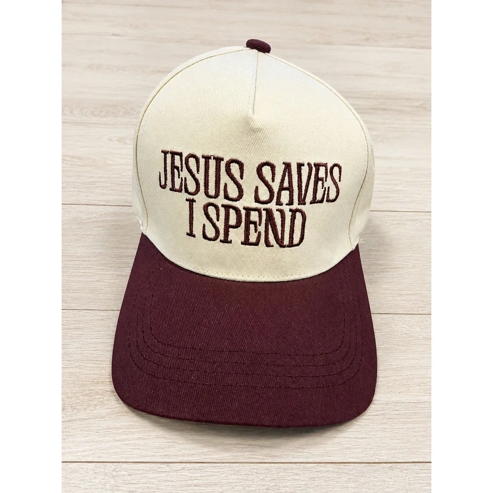 Zenana Jesus Saves I Spend Embroidered Baseball Cap Beige Burgundy New
